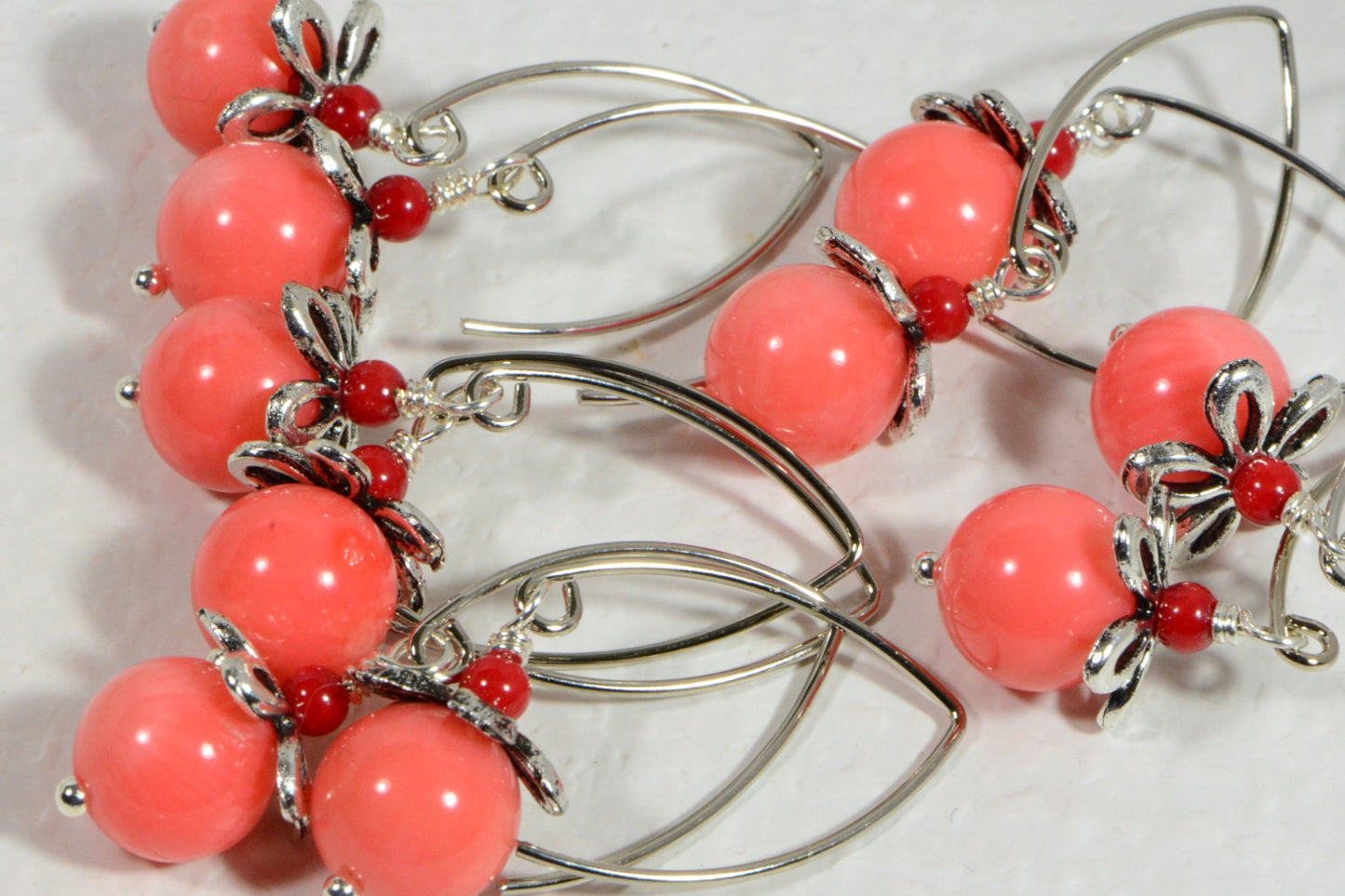 Salmon Pink Coral Earrings, Floral Silver Earrings, Wedding Jewelry