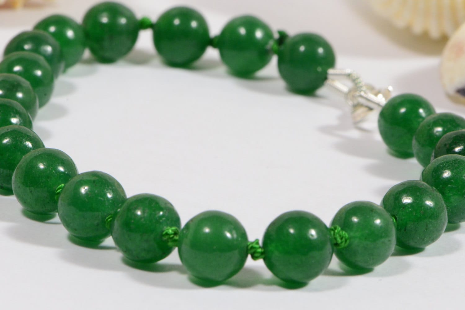 Green Jade Knotted Bracelet: Natural Gemstone Jewelry, Sterling Silver Clasp