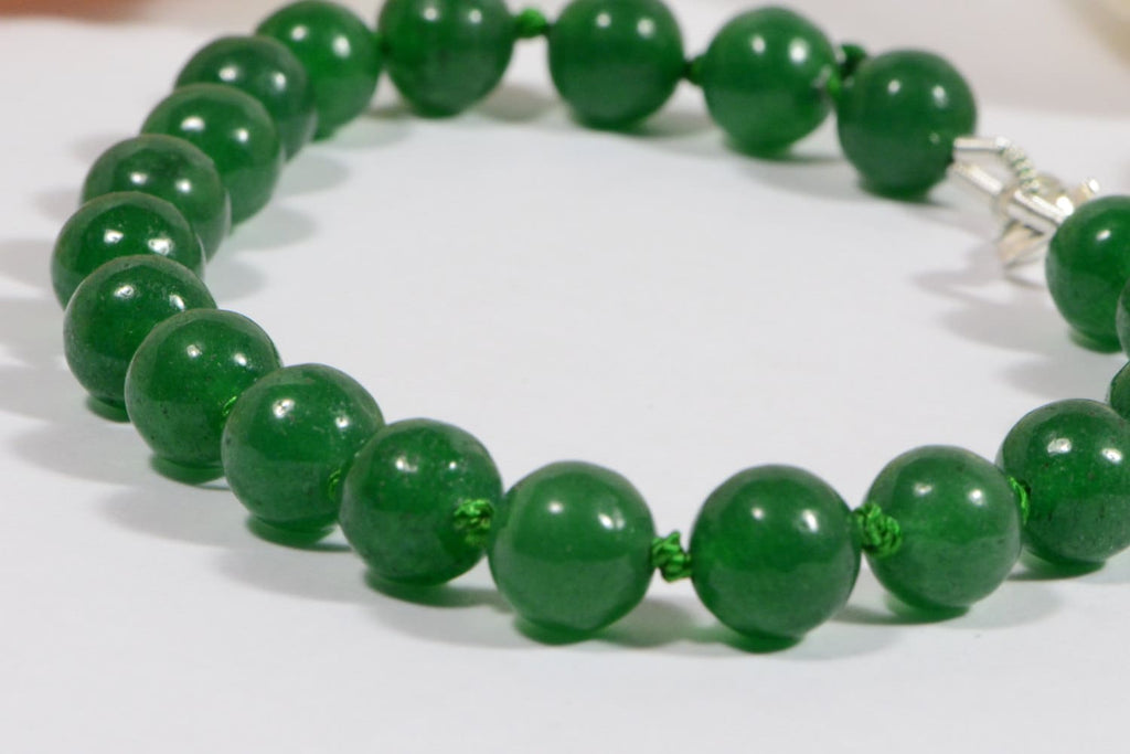 Green Jade Knotted Bracelet: Natural Gemstone Jewelry, Sterling Silver Clasp