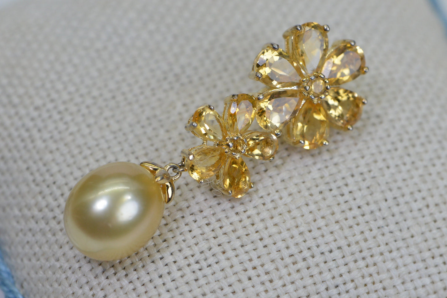 Genuine Seawater Golden Pearl  Citrine Two Flower Pendant  14K Gold Plated  Enhancer Pendant