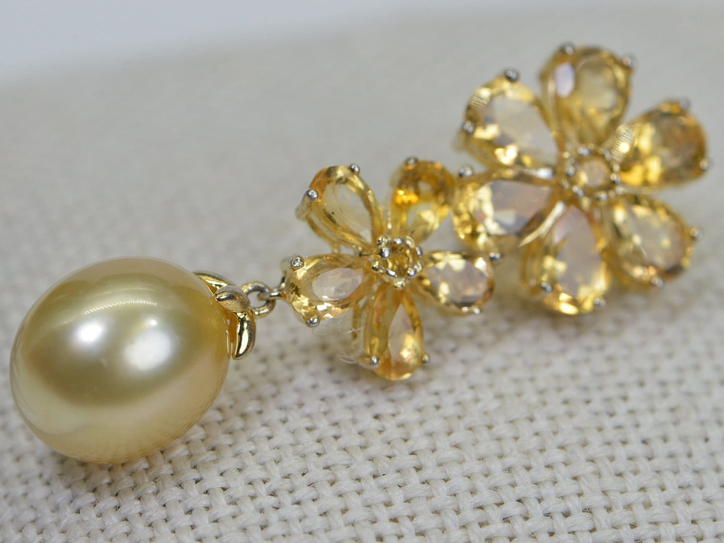 Genuine Seawater Golden Pearl  Citrine Two Flower Pendant  14K Gold Plated  Enhancer Pendant