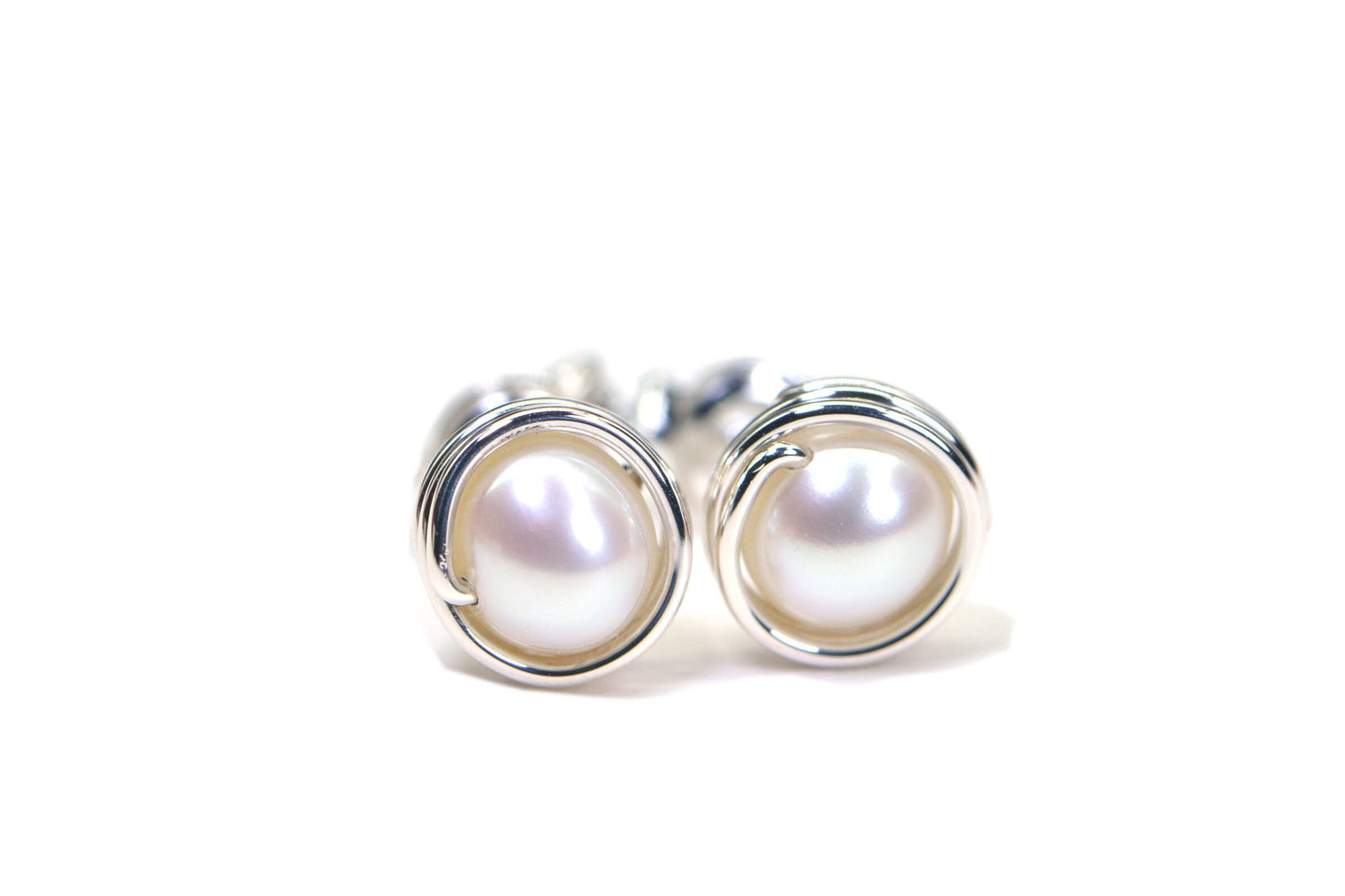 14K Gold AA+ Pearl Stud Earrings, Wire Wrapped Birthstone Jewelry