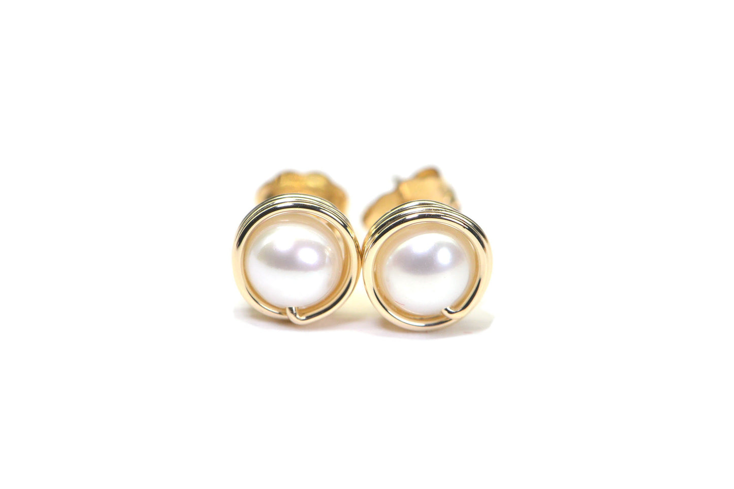 14K Gold Wire Wrapped Pearl Stud Earrings: June Birthstone