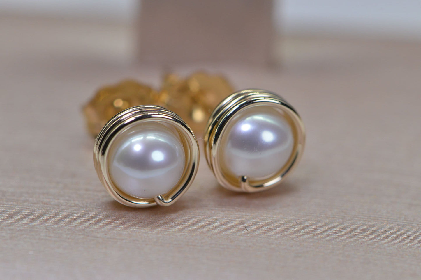 14K Gold Wire Wrapped Pearl Stud Earrings: June Birthstone