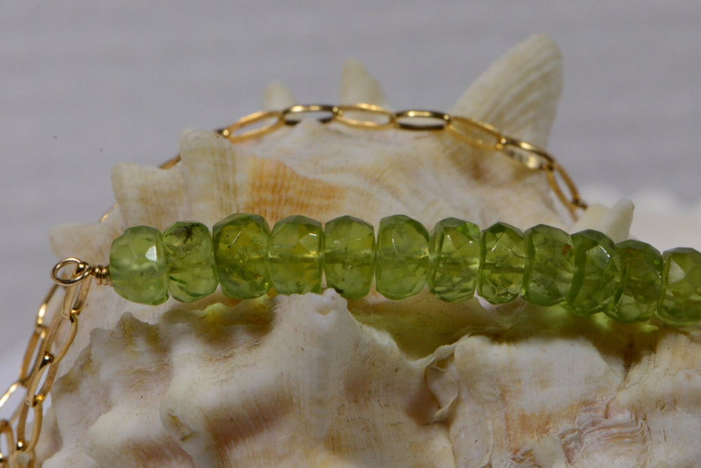 Raw Peridot Bar Necklace Wire Wrapped On 14K Gold Filled  Birthstone Jewelry