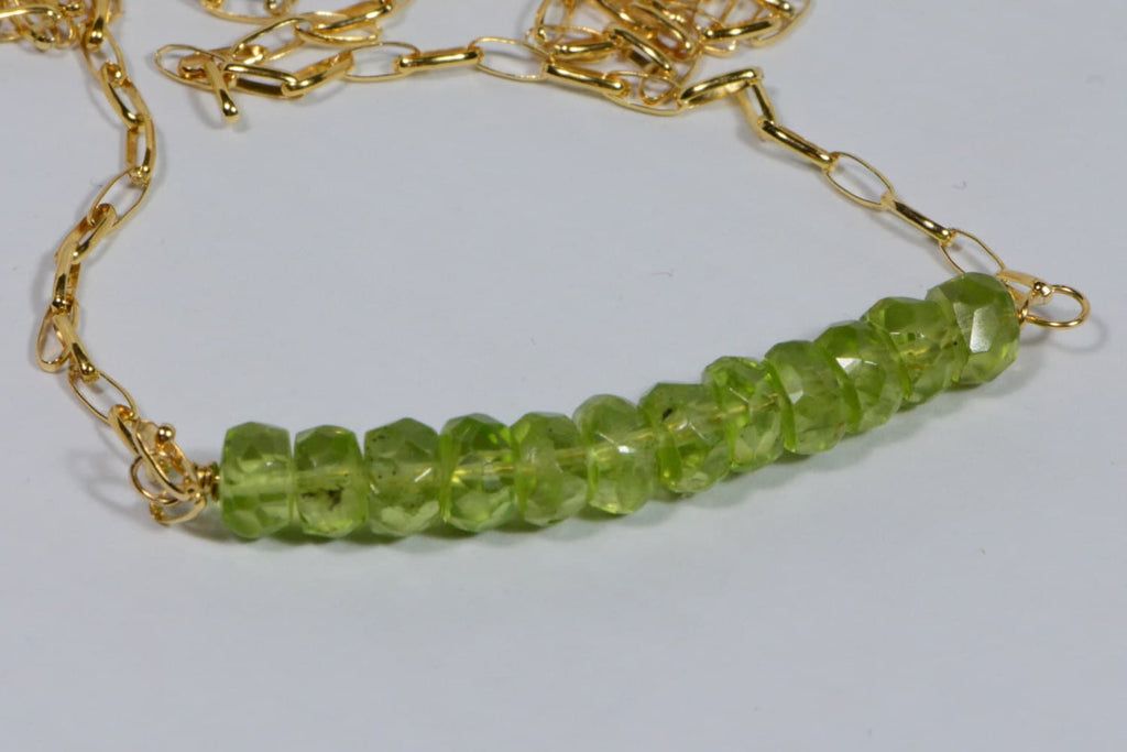 Raw Peridot Bar Necklace Wire Wrapped On 14K Gold Filled  Birthstone Jewelry