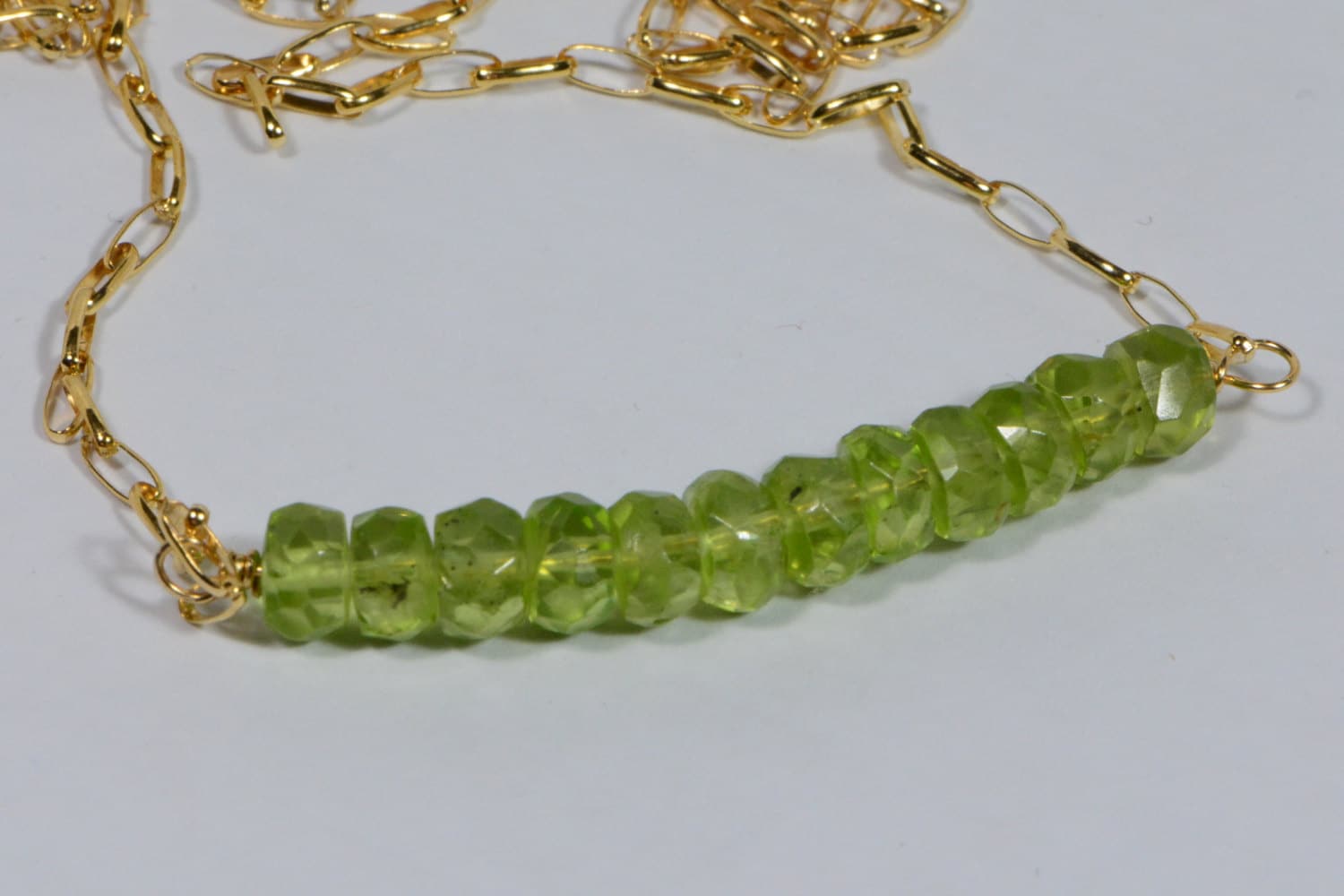 Raw Peridot Bar Necklace Wire Wrapped On 14K Gold Filled  Birthstone Jewelry