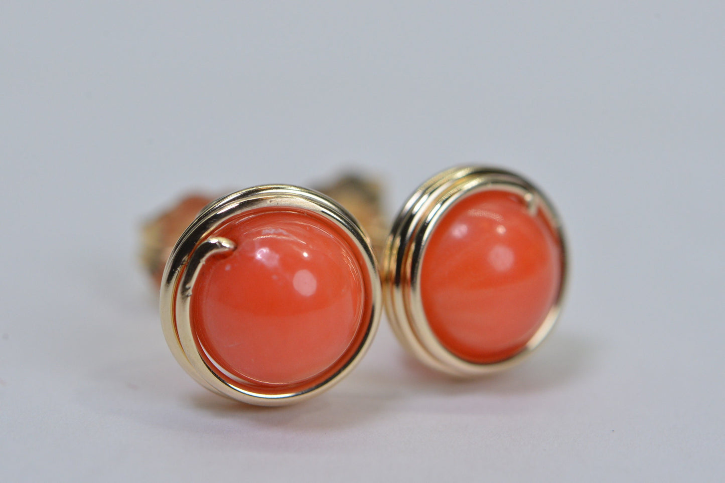 Coral Stud Earrings: Salmon Pink, 14K Gold Filled, Tiny Post