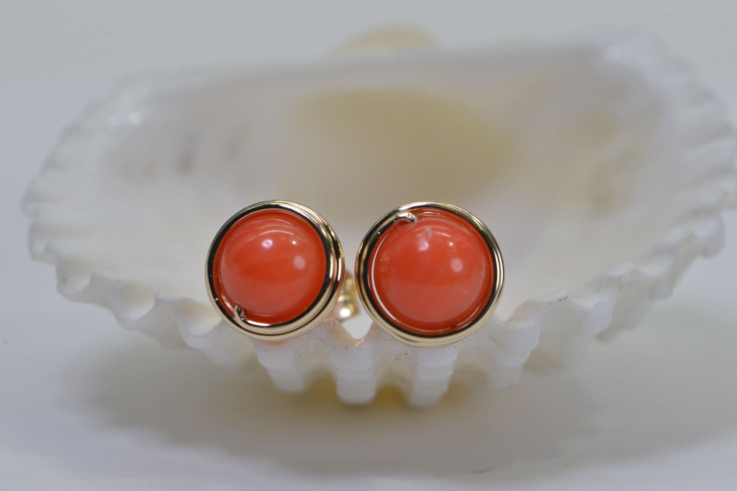 Coral Stud Earrings: Salmon Pink, 14K Gold Filled, Tiny Post