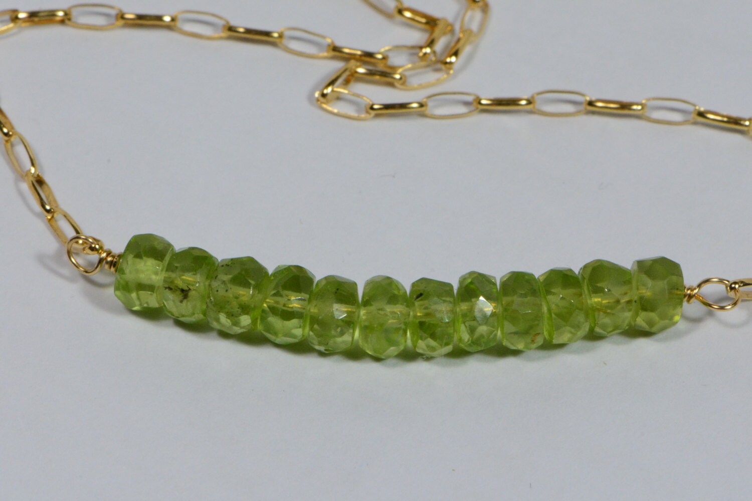Raw Peridot Bar Necklace Wire Wrapped On 14K Gold Filled  Birthstone Jewelry