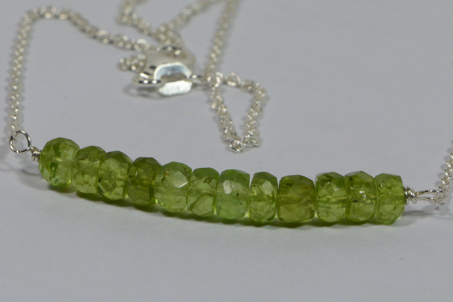 Peridot Bar Necklace: Sterling Silver Wire Wrapped Gemstone Jewelry