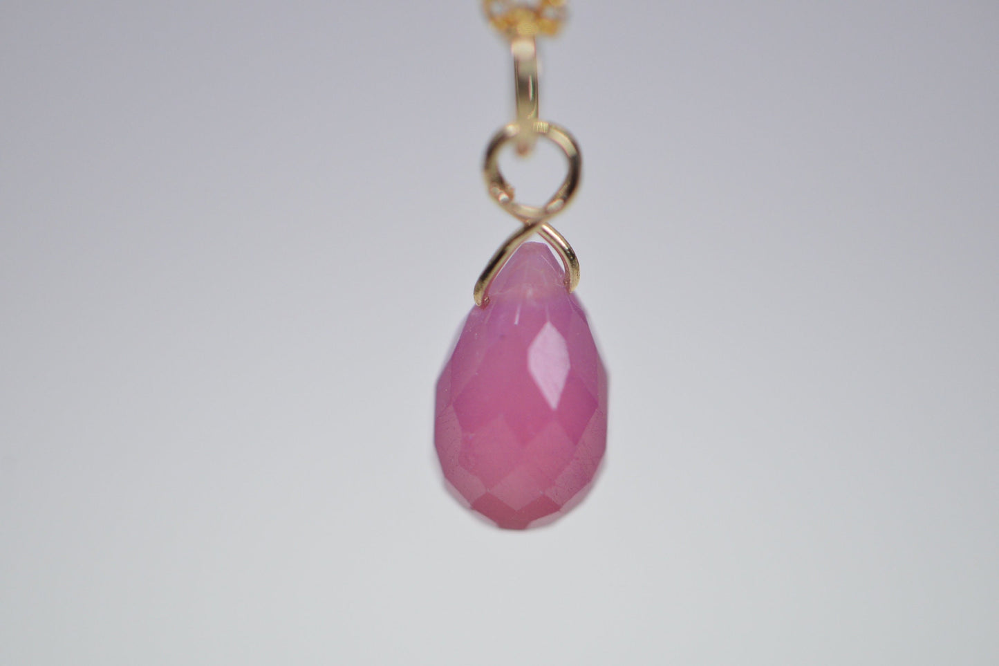 14K Solid Gold Pink Sapphire Teardrop Pendant: Wire Wrapped Charm