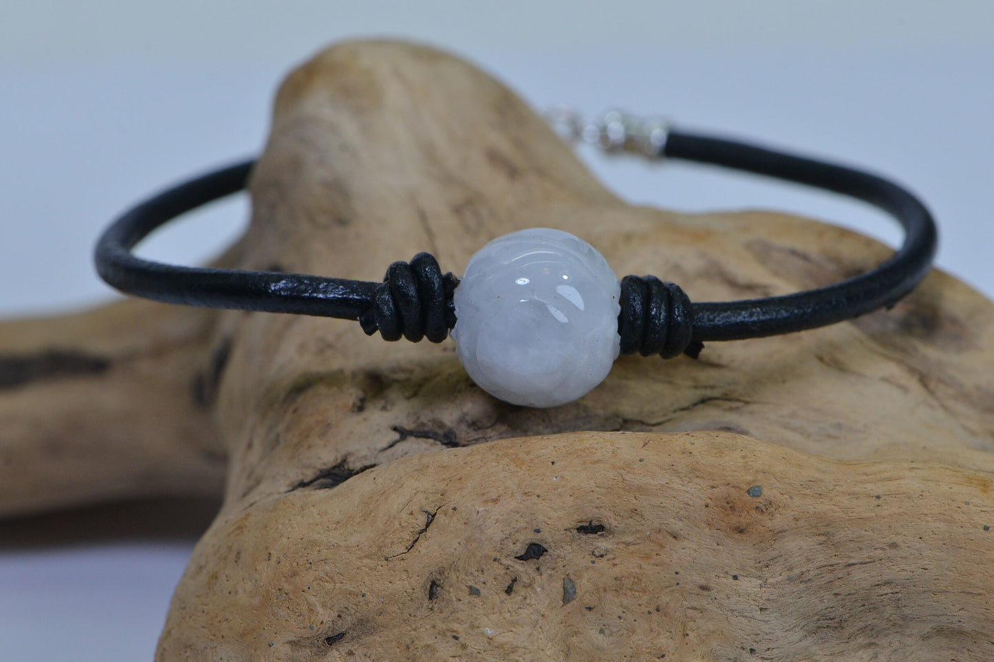 Burma White Jade Lotus Bracelet: Knotted Leather Cord, Sterling Silver Clasp
