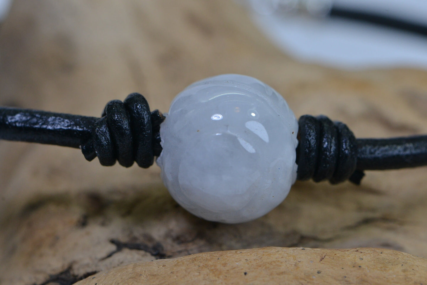 Burma White Jade Lotus Bracelet: Knotted Leather Cord, Sterling Silver Clasp