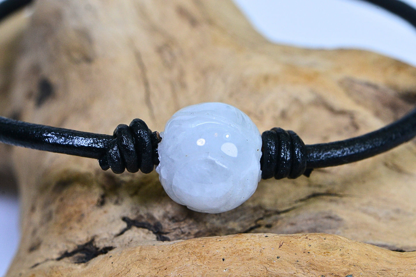 Burma White Jade Lotus Bracelet: Knotted Leather Cord, Sterling Silver Clasp