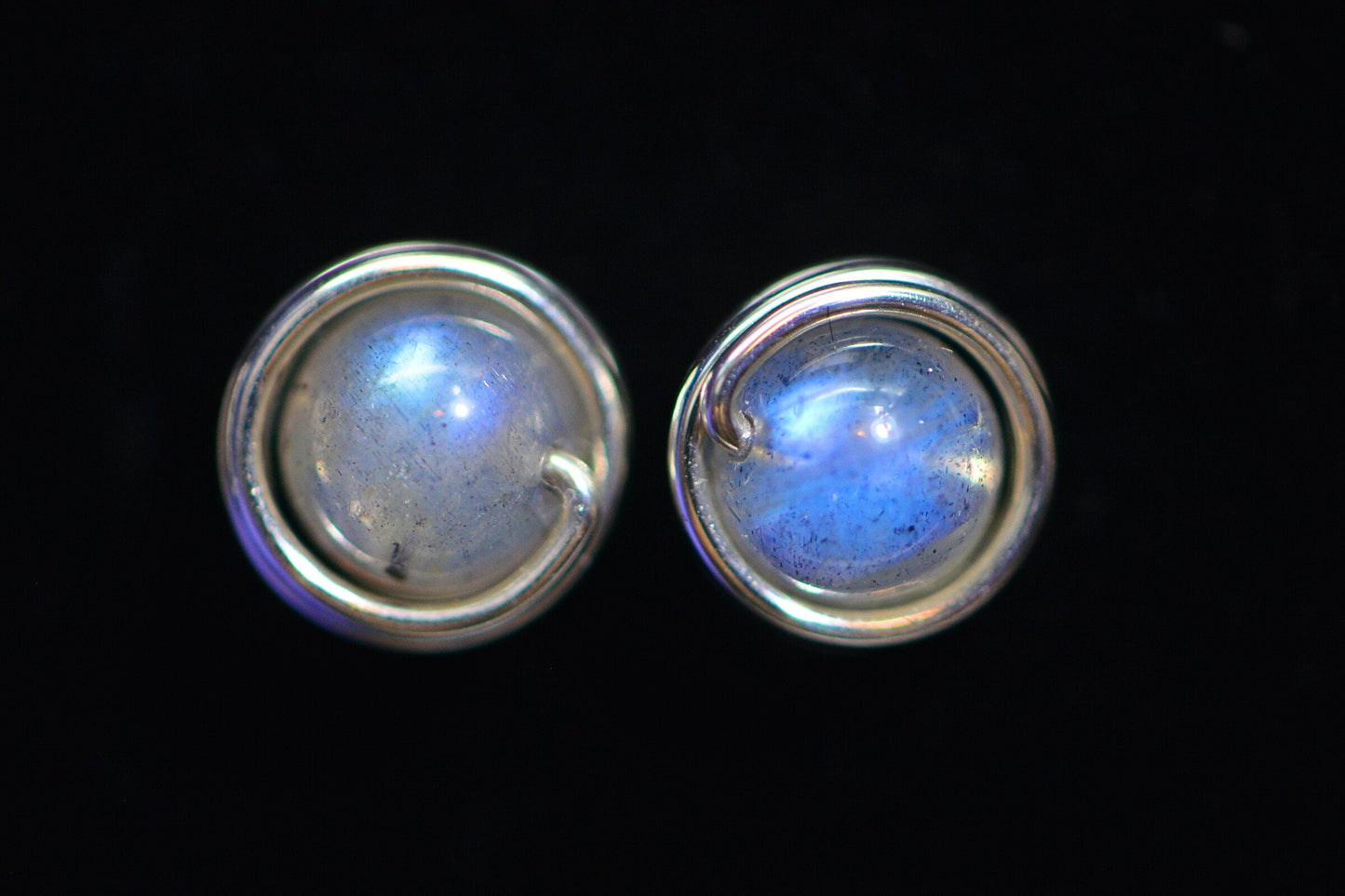 Wire Wrapped Moonstone Stud Earrings: Sterling Silver, 6mm