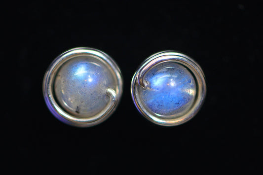 Wire Wrapped Moonstone Stud Earrings: Sterling Silver, 6mm