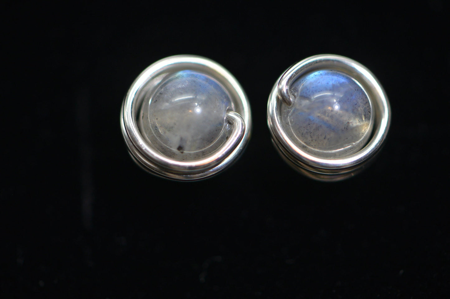 Wire Wrapped Moonstone Stud Earrings: Sterling Silver, 6mm