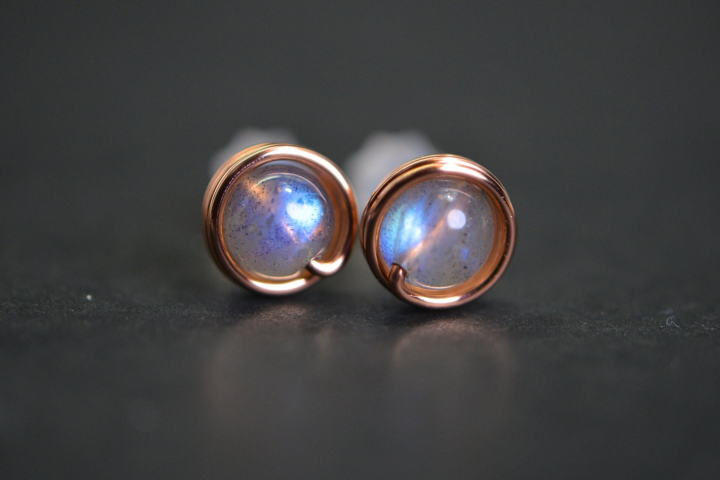 Blue Flash Labradorite Stud Earrings: Wire Wrapped Copper, 6mm Gemstone