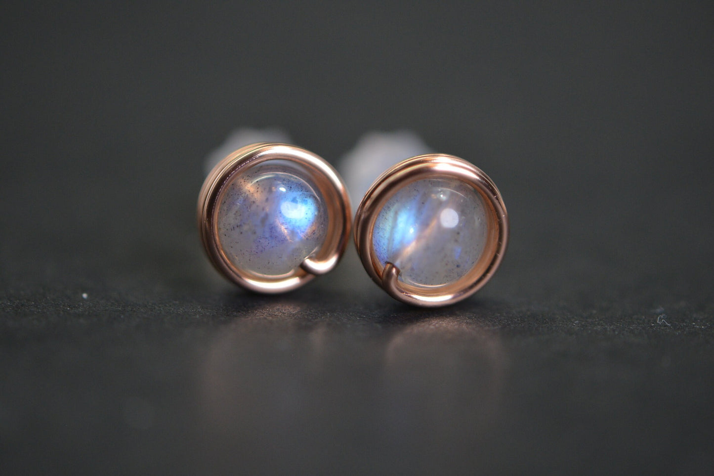 Blue Flash Labradorite Stud Earrings: Wire Wrapped Copper, 6mm Gemstone