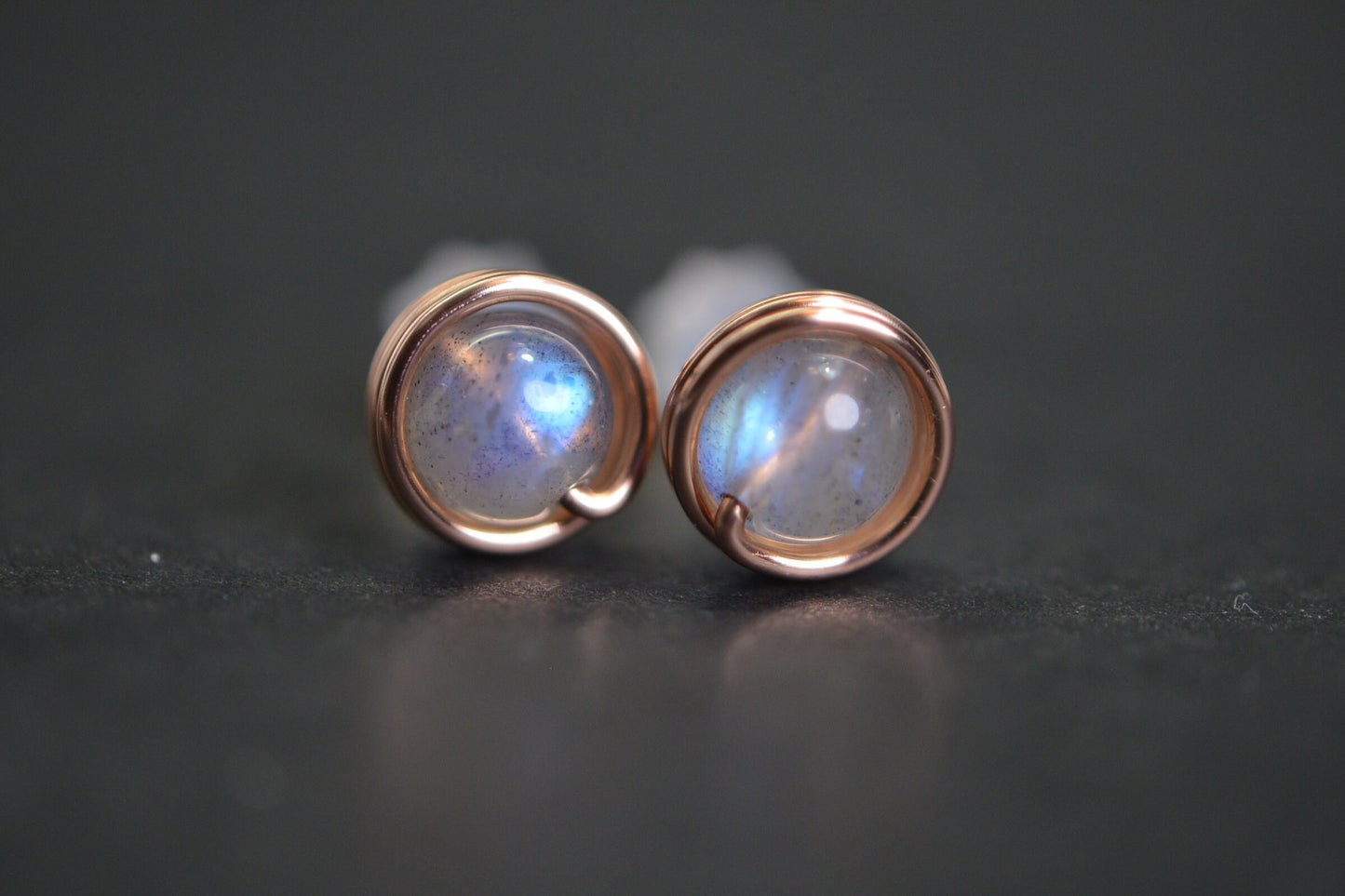 Blue Flash Labradorite Stud Earrings: Wire Wrapped Copper, 6mm Gemstone