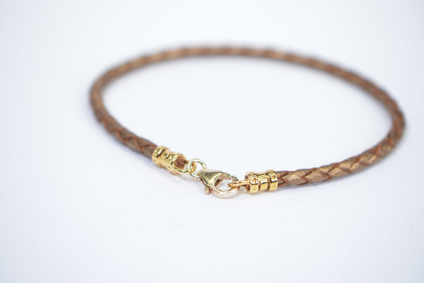 Braided Brown Leather Bracelet: 3mm Charm Cuff, Gold Plated Clasp
