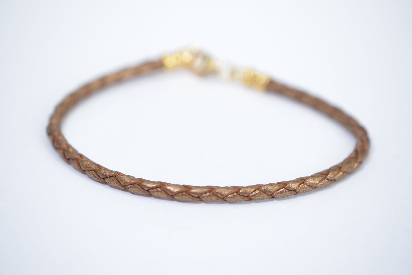 Braided Brown Leather Bracelet: 3mm Charm Cuff, Gold Plated Clasp