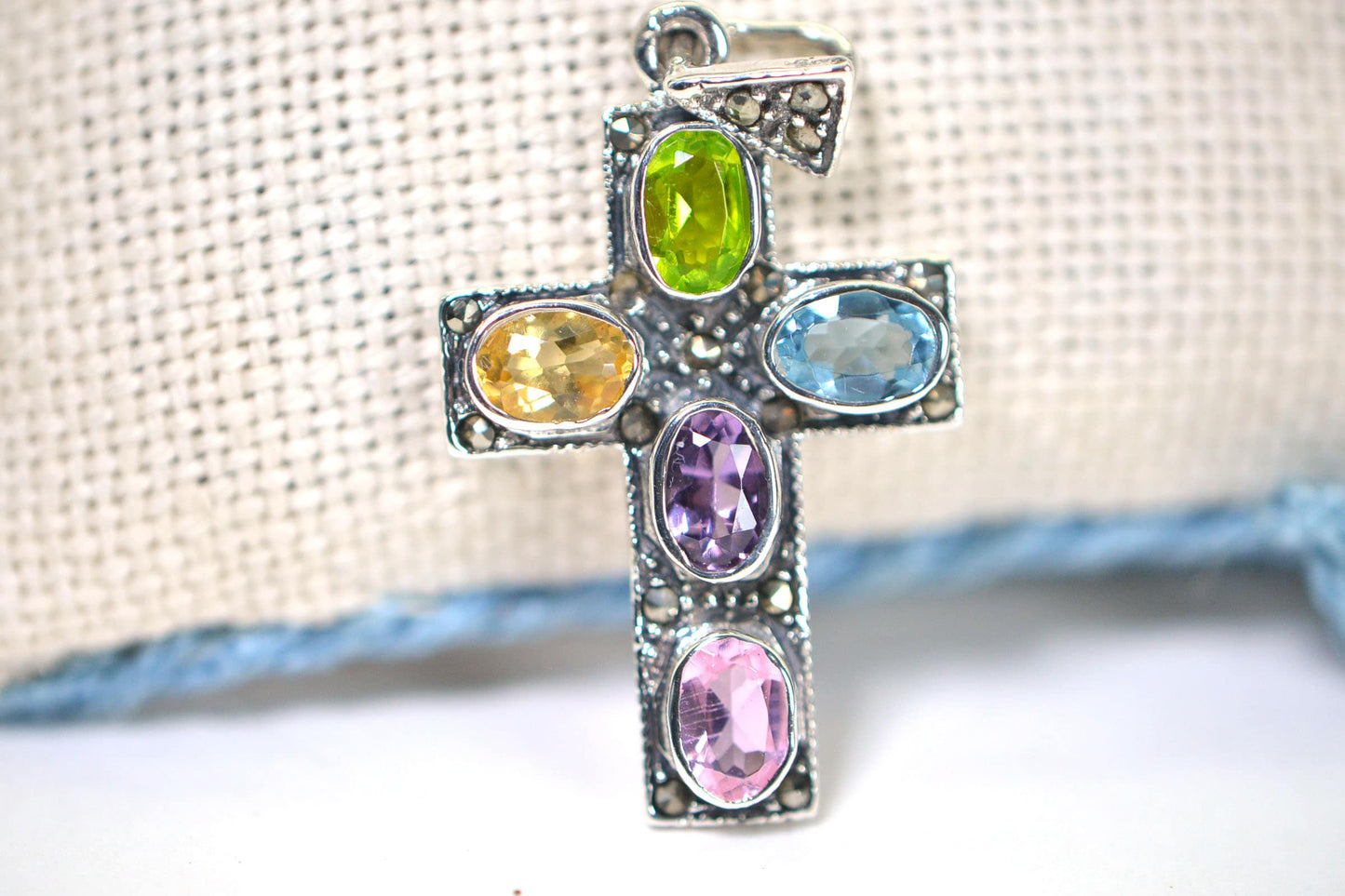Multi-Stone Cross Pendant: Vintage Sterling Silver Religious Jewelry