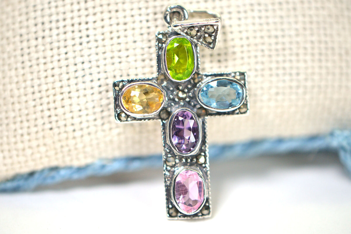 Multi-Stone Cross Pendant: Vintage Sterling Silver Religious Jewelry