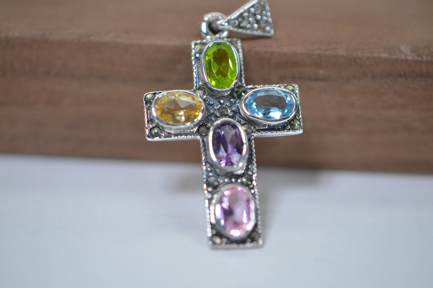 Multi-Stone Cross Pendant: Vintage Sterling Silver Religious Jewelry