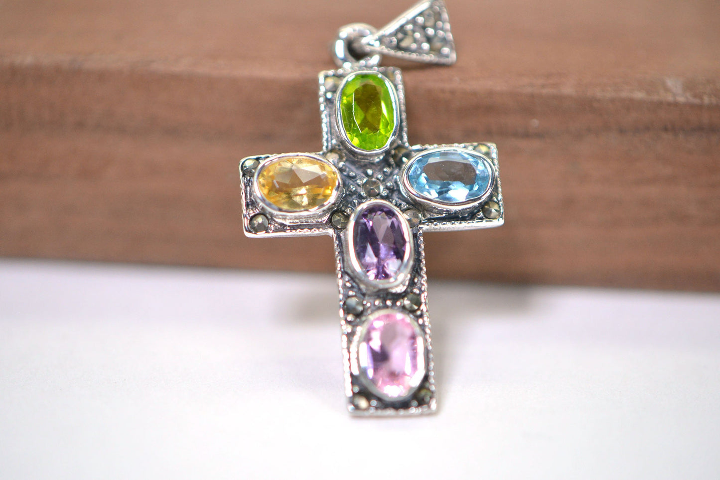 Multi-Stone Cross Pendant: Vintage Sterling Silver Religious Jewelry