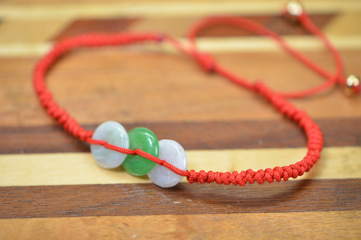 Apple Green Jade Bracelet: 14K Gold Filled, Red Cord