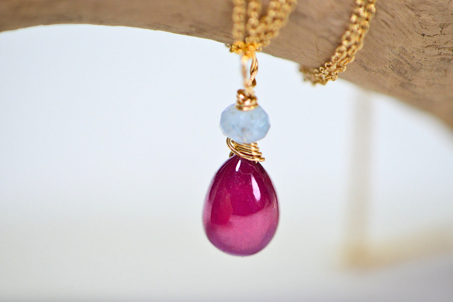 Raspberry Ruby and Aquamarine 14K Gold Pendant: Handmade July Birthstone