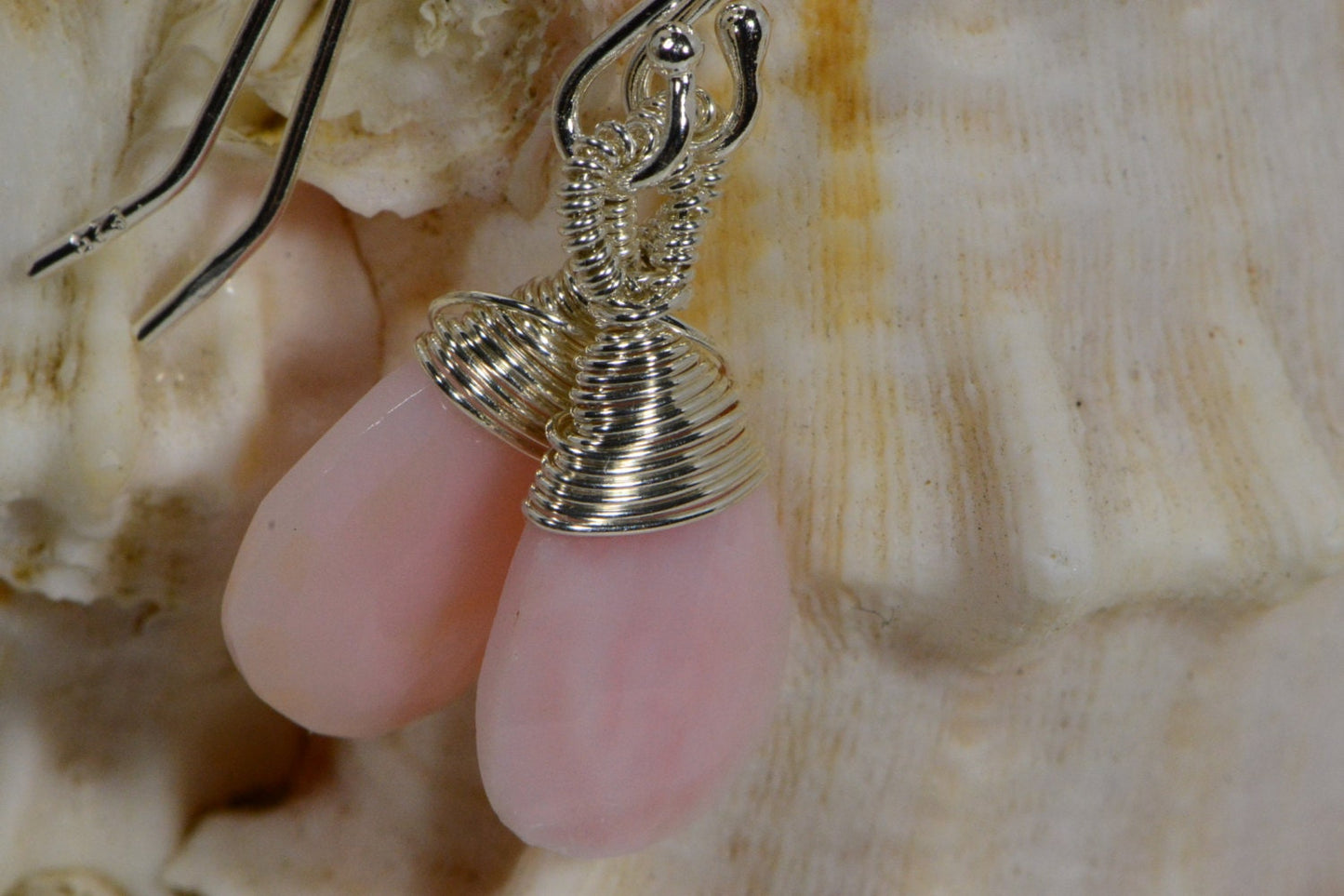 Peruvian Pink Opal Drop Earrings, Wire Wrapped Sterling Silver