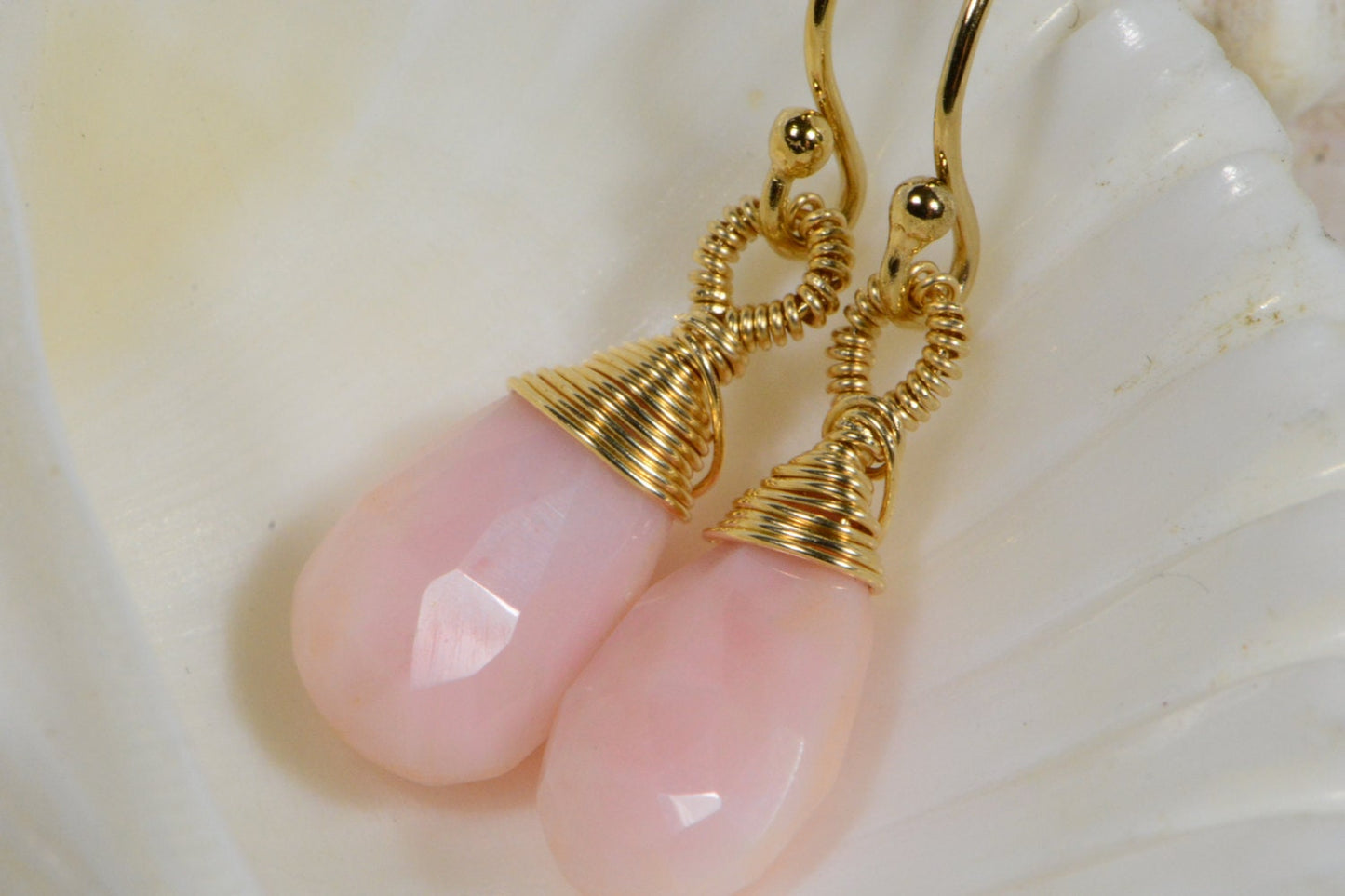 Peruvian Pink Opal Drop Earrings: 14K Gold Filled Wire Wrapped