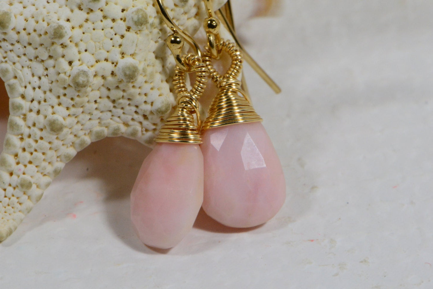 Peruvian Pink Opal Drop Earrings: 14K Gold Filled Wire Wrapped