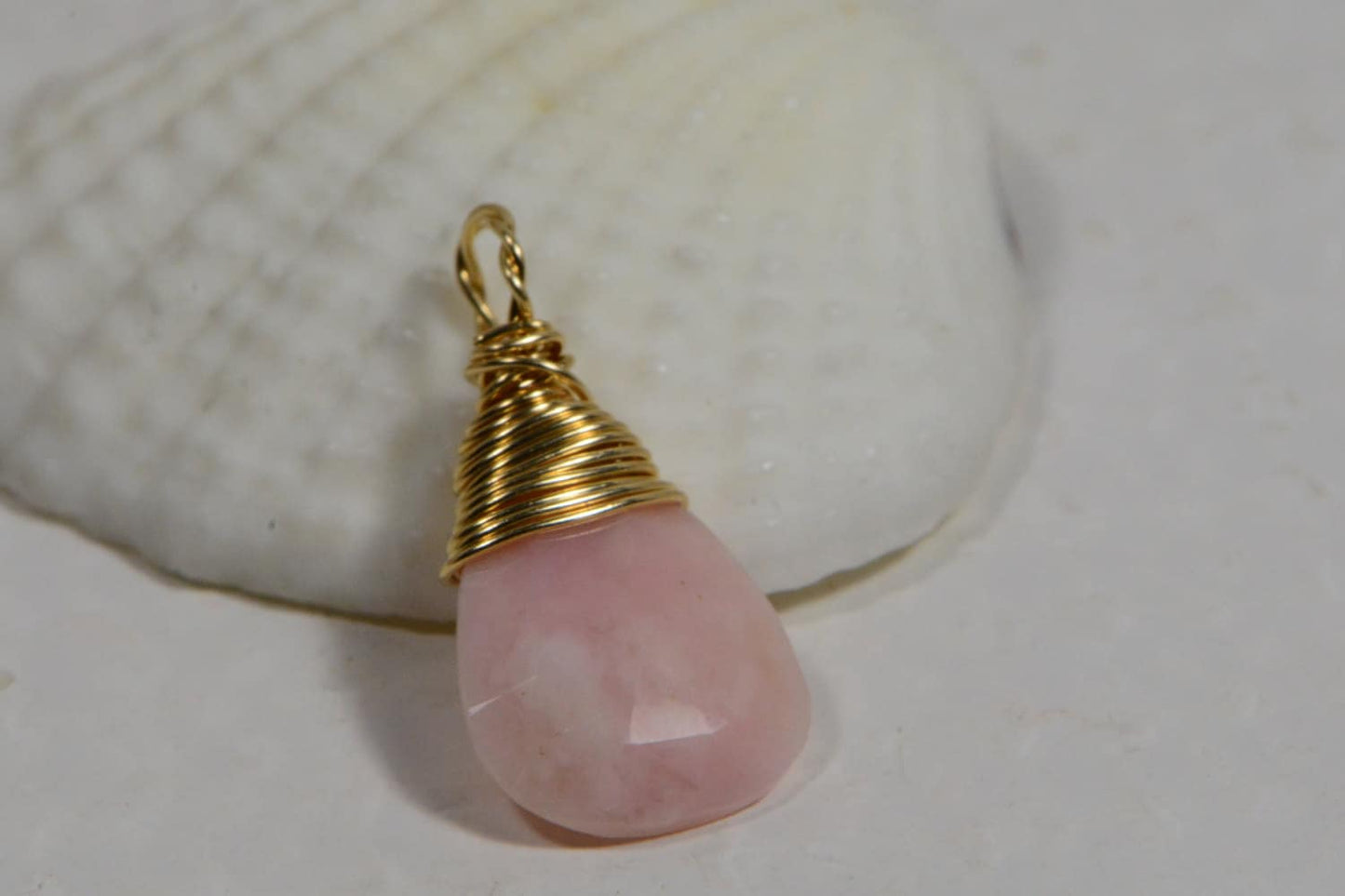 Natural Pink Opal Briolette Pendant, 14K Gold Filled Wire Wrapped Teardrop
