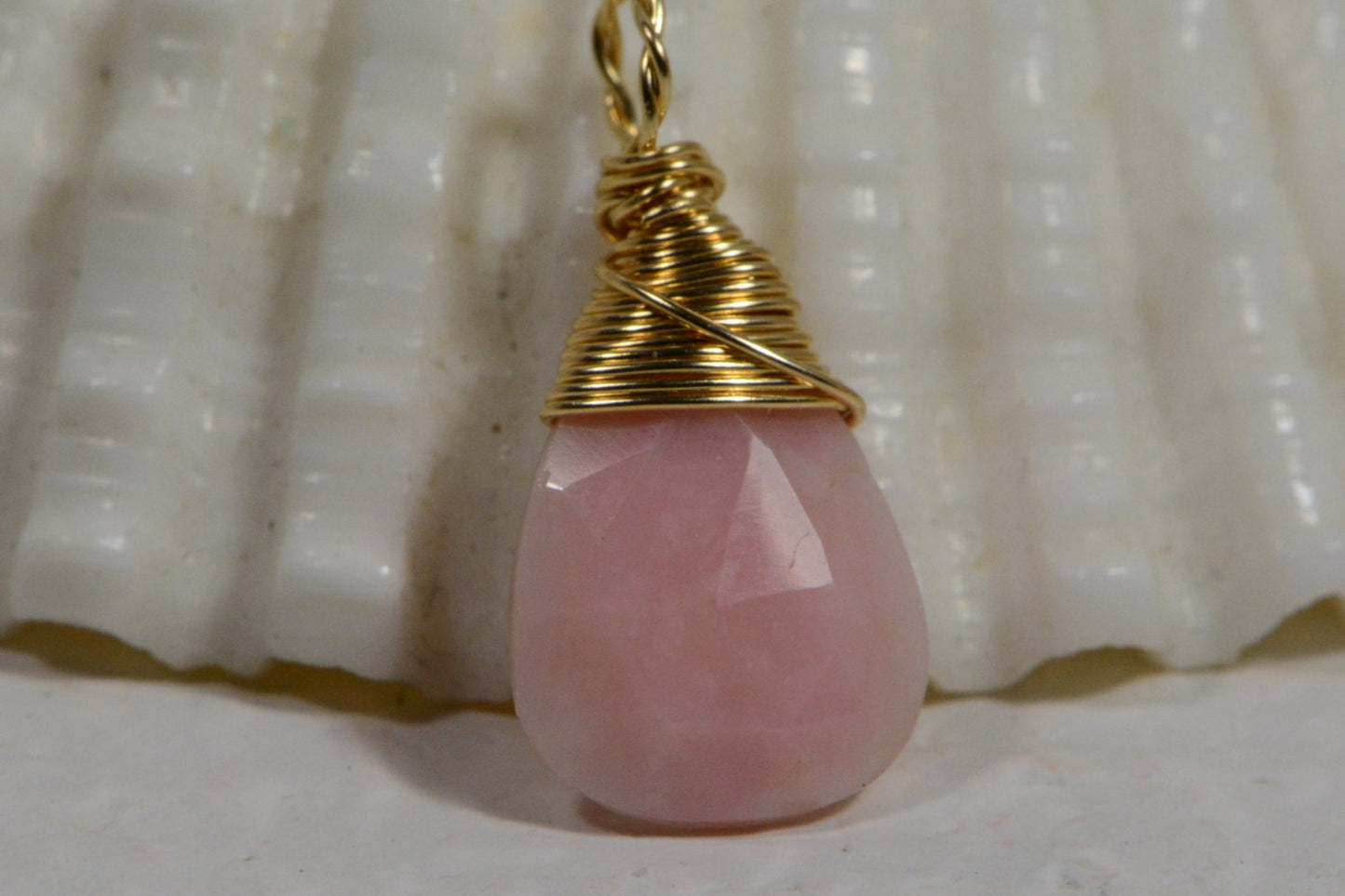 Natural Pink Opal Briolette Pendant, 14K Gold Filled Wire Wrapped Teardrop