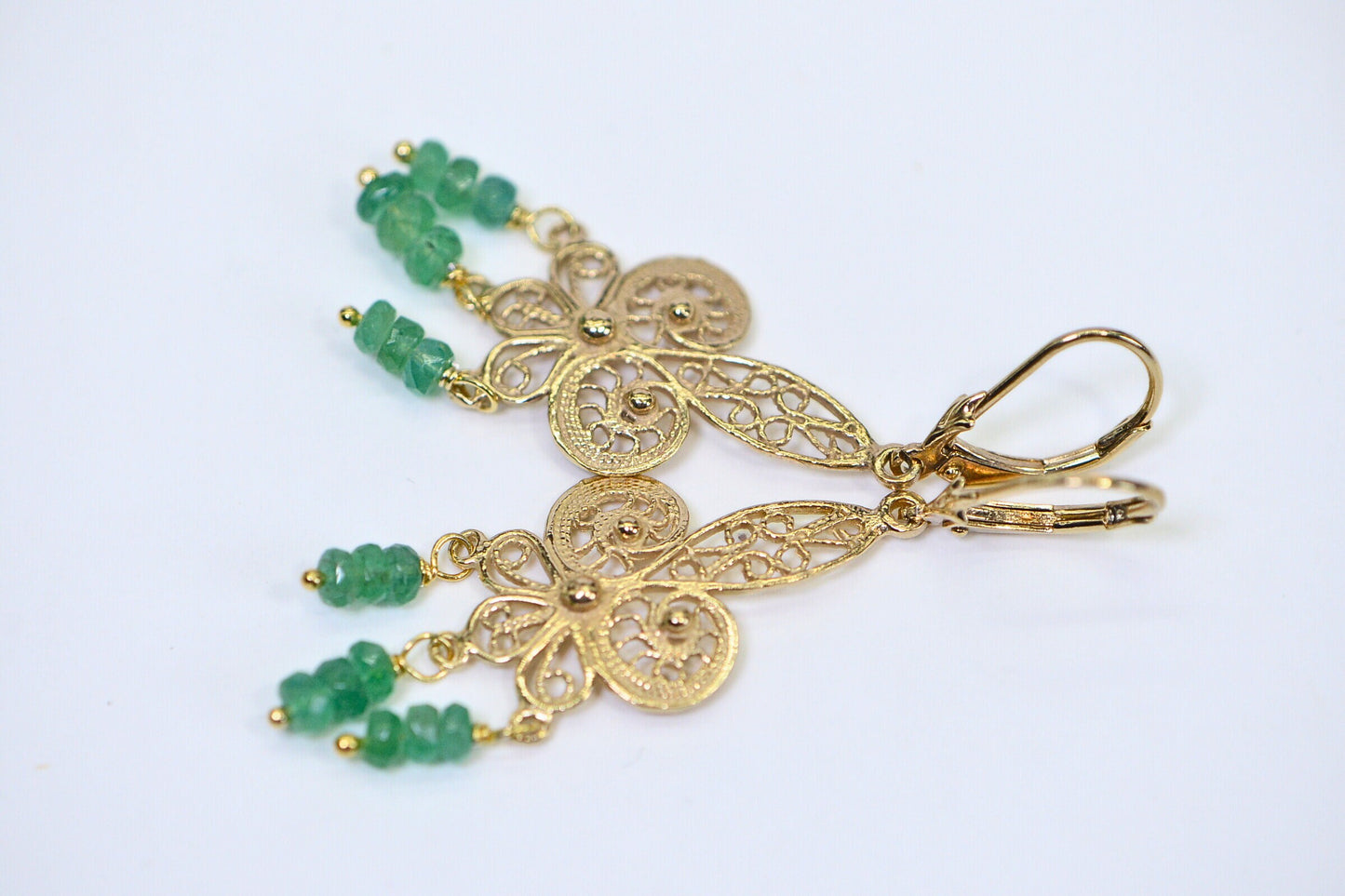 Colombian Emerald Dangle Earrings: 14k Gold Filigree Drop