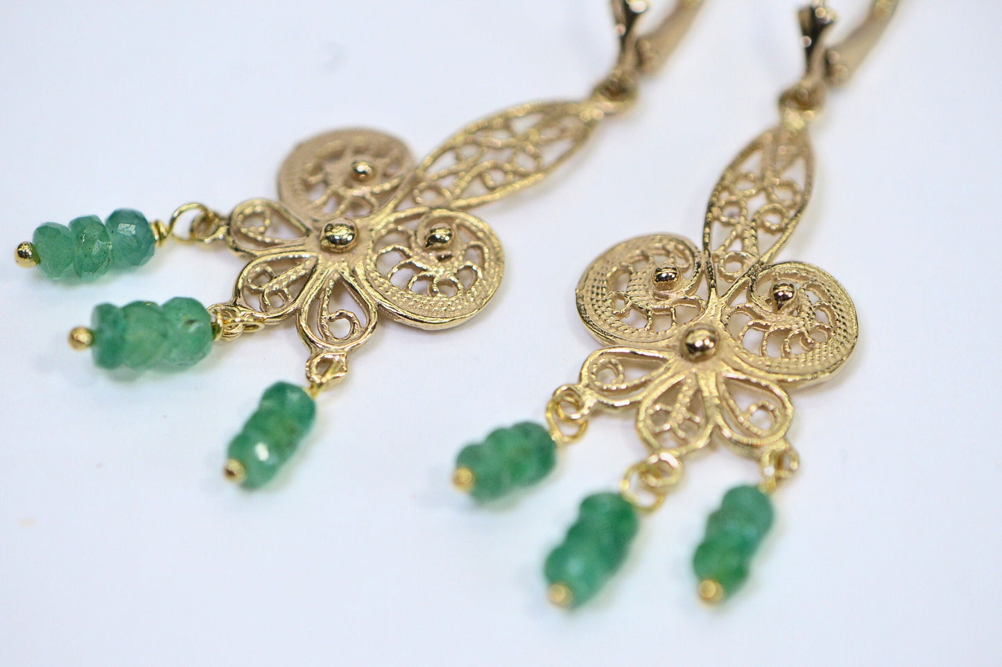 Colombian Emerald Dangle Earrings: 14k Gold Filigree Drop