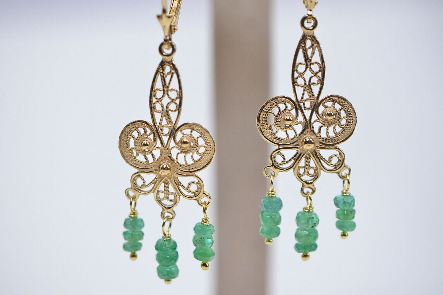 Colombian Emerald Dangle Earrings: 14k Gold Filigree Drop