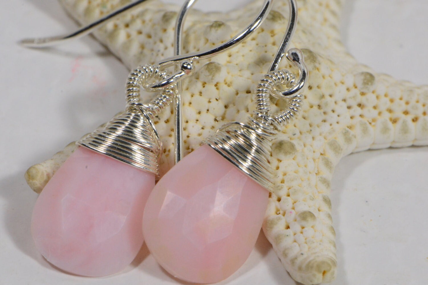 Peruvian Pink Opal Drop Earrings, Wire Wrapped Sterling Silver