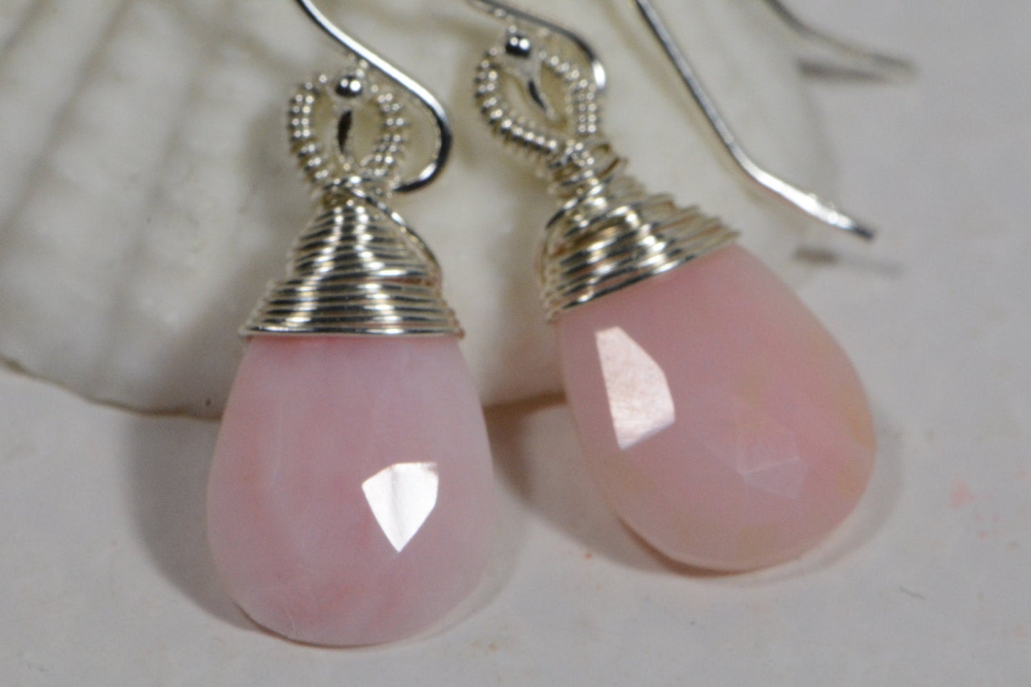 Peruvian Pink Opal Drop Earrings, Wire Wrapped Sterling Silver