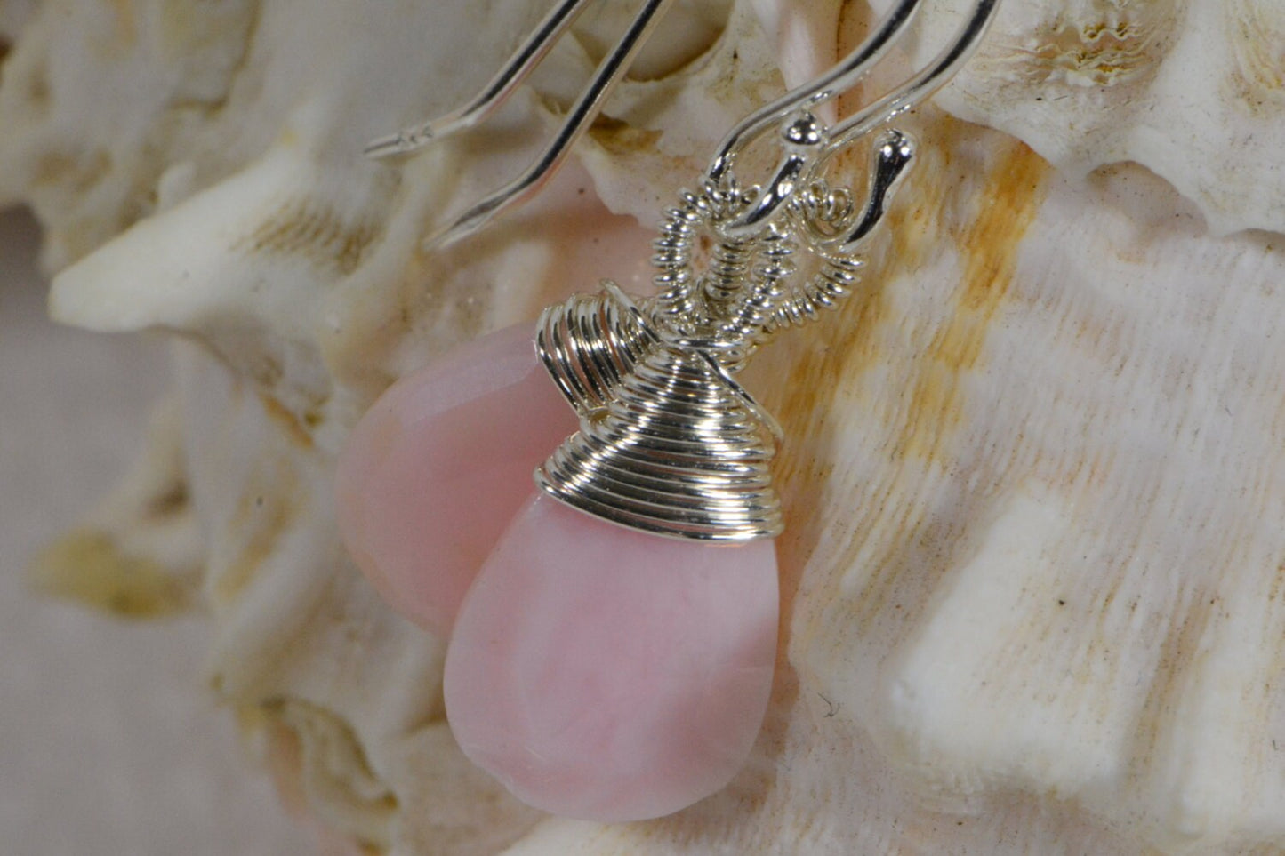 Peruvian Pink Opal Drop Earrings, Wire Wrapped Sterling Silver