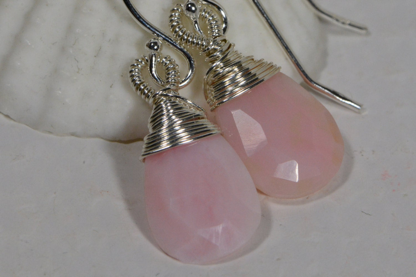 Peruvian Pink Opal Drop Earrings, Wire Wrapped Sterling Silver
