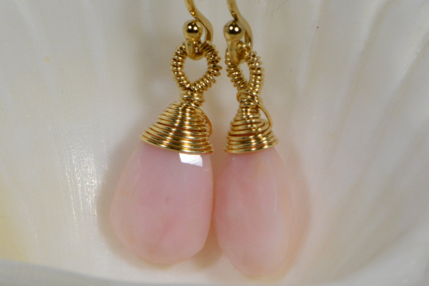 Peruvian Pink Opal Drop Earrings: 14K Gold Filled Wire Wrapped