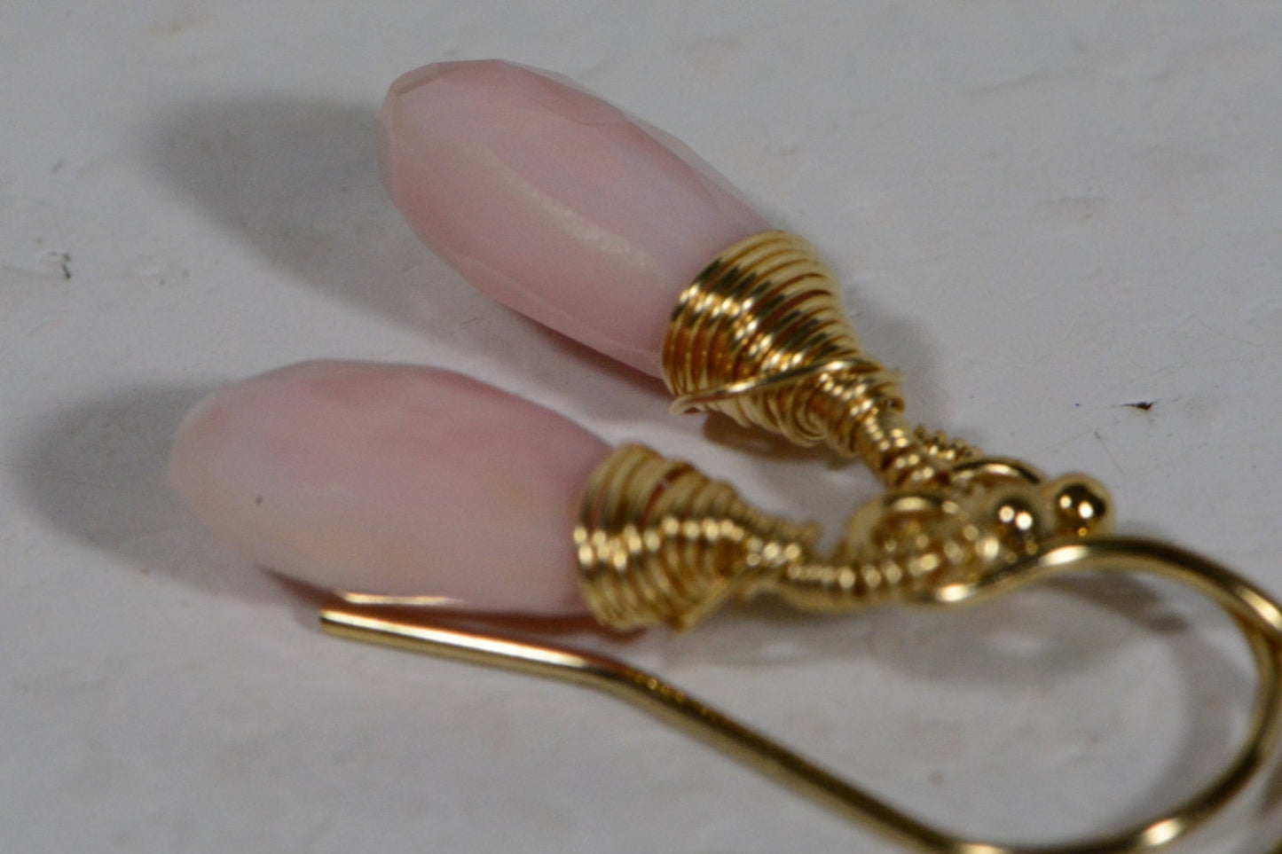 Peruvian Pink Opal Drop Earrings: 14K Gold Filled Wire Wrapped