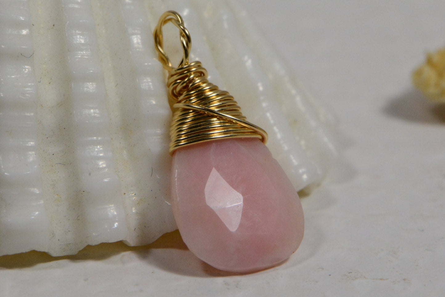 Natural Pink Opal Briolette Pendant, 14K Gold Filled Wire Wrapped Teardrop