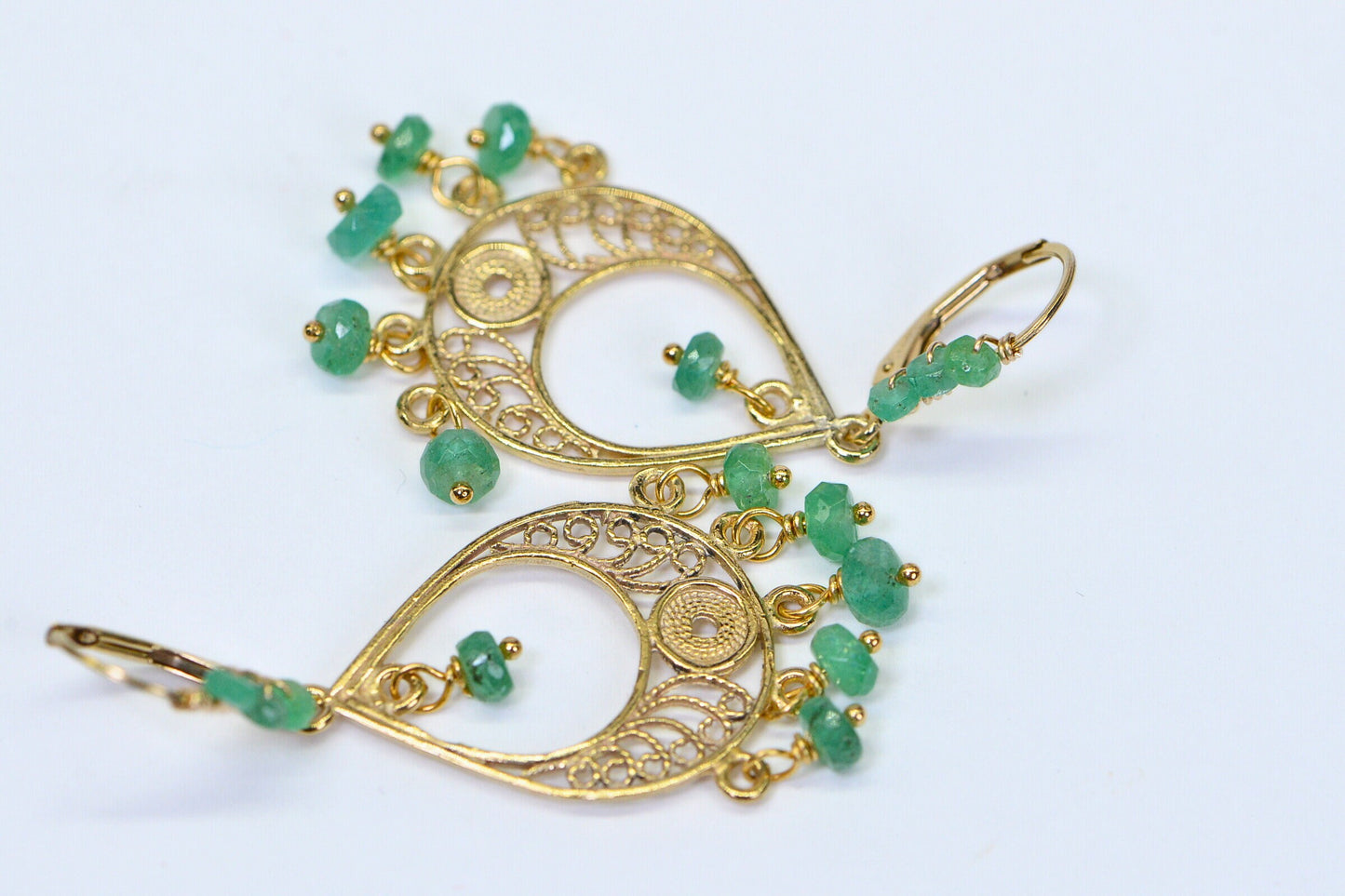 Emerald Earrings: 14K Gold Fill, Filigree Teardrop, May Birthstone