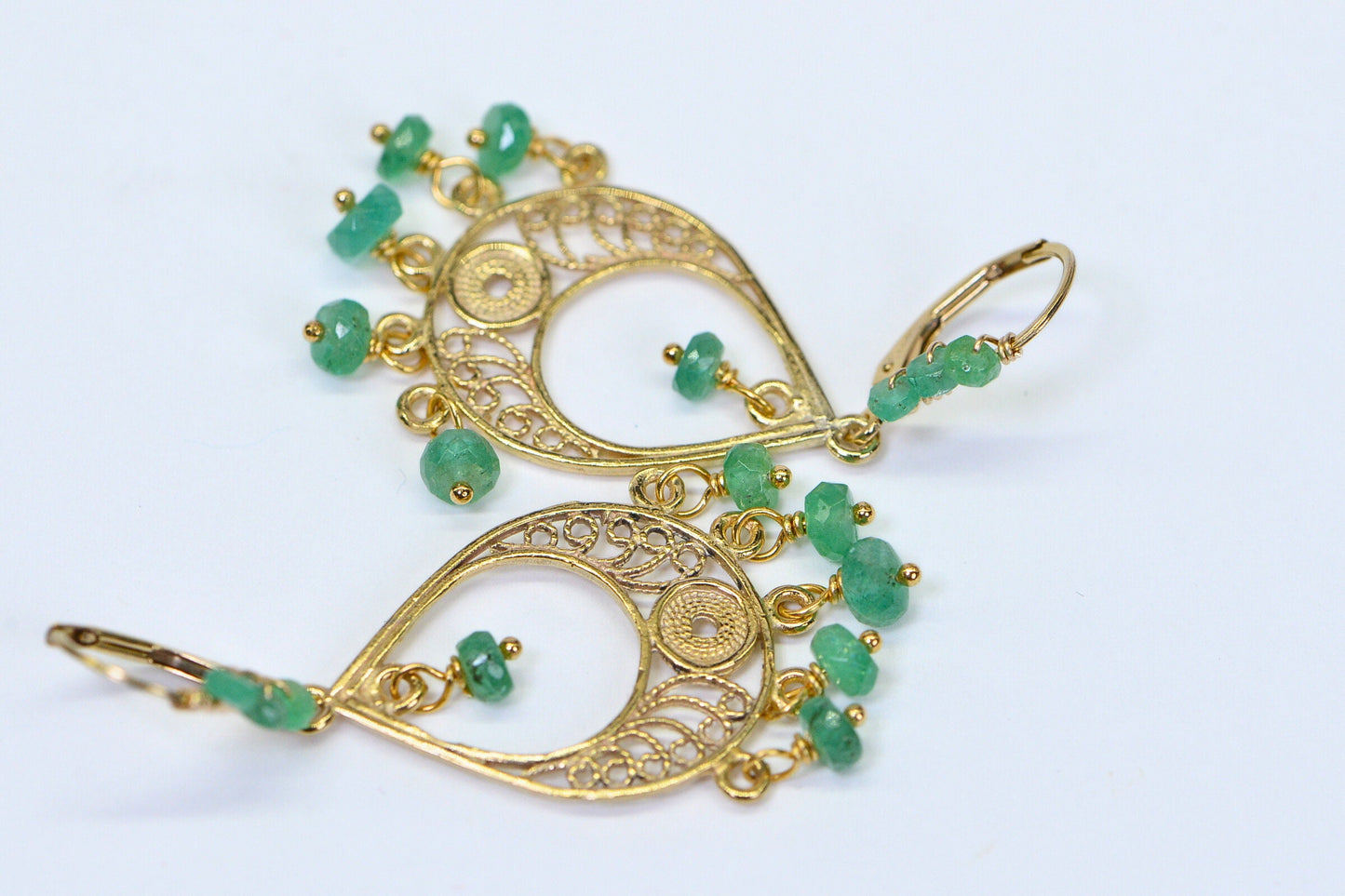 Emerald Earrings: 14K Gold Fill, Filigree Teardrop, May Birthstone